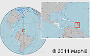 Gray Location Map of Barbados, highlighted continent, within the entire continent, hill shading
