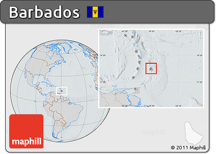 Gray Location Map of Barbados, lighten, semi-desaturated, hill shading