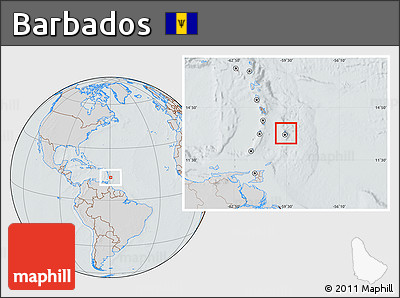 Gray Location Map of Barbados, lighten, semi-desaturated, hill shading