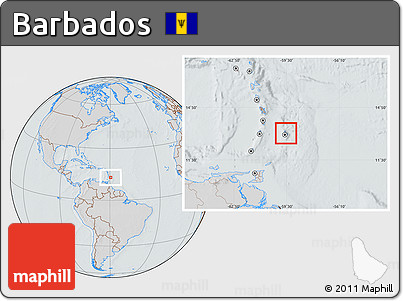 Gray Location Map of Barbados, lighten, semi-desaturated, hill shading