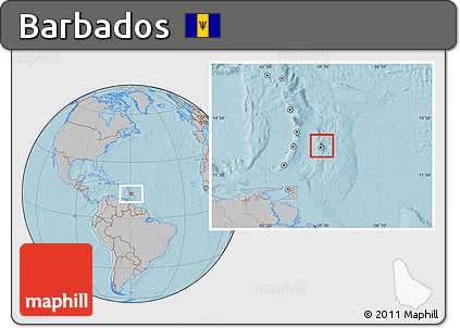 Satellite Location Map of Barbados, gray outside, hill shading