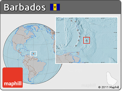 Satellite Location Map of Barbados, gray outside, hill shading