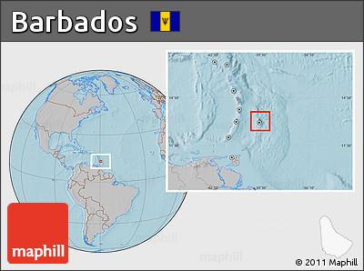 Satellite Location Map of Barbados, gray outside, hill shading