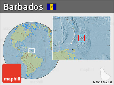 Satellite Location Map of Barbados, savanna style outside, hill shading
