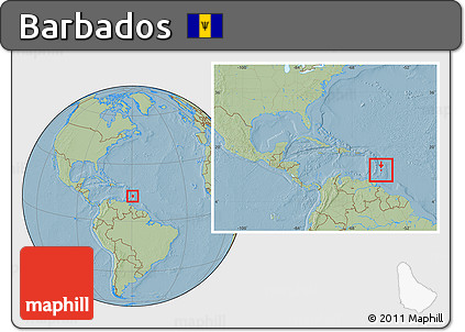 Savanna Style Location Map of Barbados, within the entire continent, hill shading