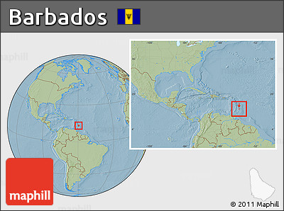 Savanna Style Location Map of Barbados, within the entire continent, hill shading