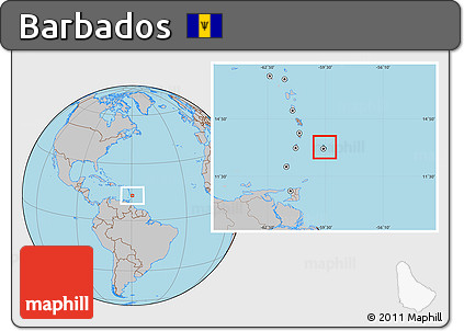 Savanna Style Location Map of Barbados, gray outside, hill shading inside