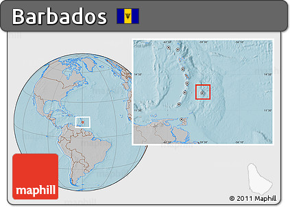 Savanna Style Location Map of Barbados, gray outside, hill shading outside