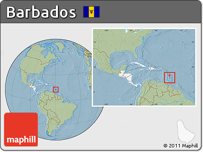 Savanna Style Location Map of Barbados, highlighted continent, within the entire continent, hill shading
