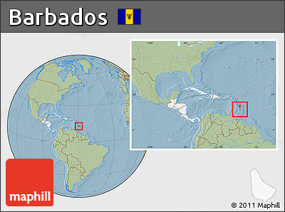 Savanna Style Location Map of Barbados, highlighted continent, within the entire continent, hill shading