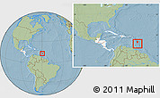 Savanna Style Location Map of Barbados, highlighted continent, within the entire continent, hill shading