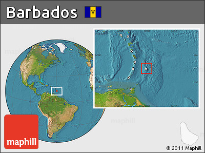 Savanna Style Location Map of Barbados, satellite outside, hill shading