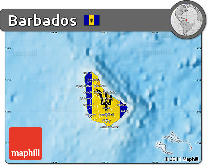 Flag Map of Barbados, physical outside, flag centered