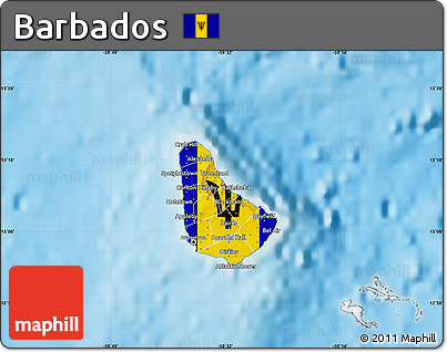 Flag Map of Barbados, physical outside, flag centered