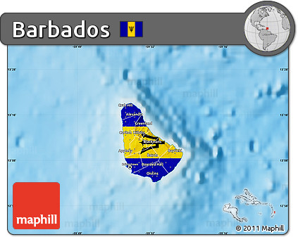 Flag Map of Barbados, single color outside, shaded relief sea, flag aligned to the middle