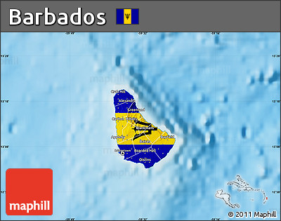 Flag Map of Barbados, single color outside, shaded relief sea, flag aligned to the middle