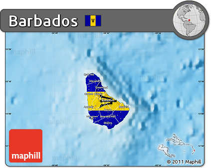 Flag Map of Barbados, single color outside, shaded relief sea, flag rotated
