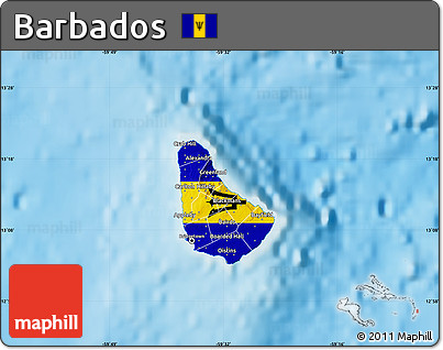 Flag Map of Barbados, single color outside, shaded relief sea, flag rotated