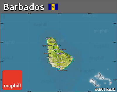 Satellite Map of Barbados, darken, semi-desaturated, land only