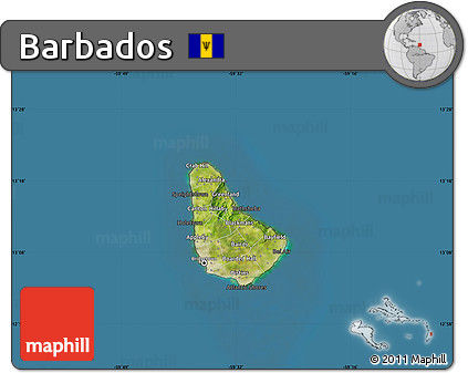 Satellite Map of Barbados, darken, semi-desaturated, land only