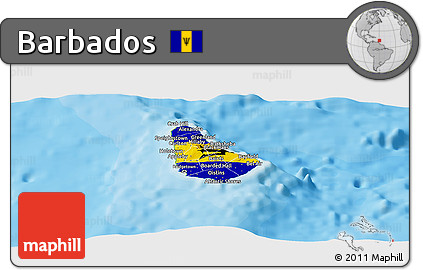 Flag Panoramic Map of Barbados, physical outside, bathymetry sea, flag rotated