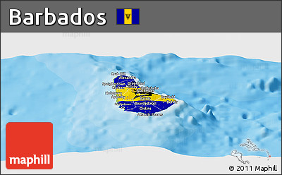 Flag Panoramic Map of Barbados, physical outside, bathymetry sea, flag rotated