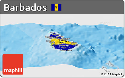 Flag Panoramic Map of Barbados, physical outside, bathymetry sea, flag rotated