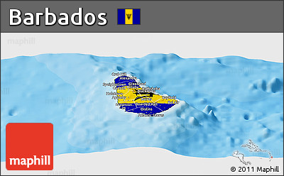 Flag Panoramic Map of Barbados, satellite outside, bathymetry sea, flag aligned to the middle