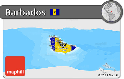 Flag Panoramic Map of Barbados, single color outside, bathymetry sea, flag centered