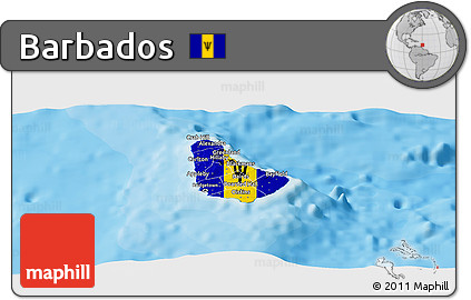 Flag Panoramic Map of Barbados, single color outside, bathymetry sea, shaded relief sea