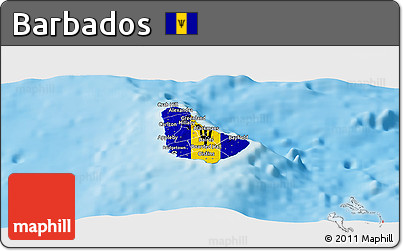 Flag Panoramic Map of Barbados, single color outside, shaded relief sea