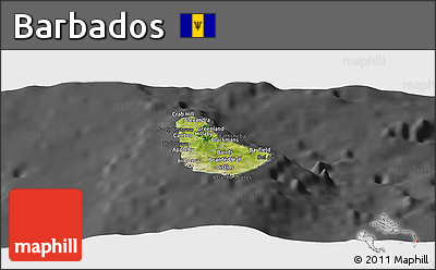 Satellite Panoramic Map of Barbados, darken, desaturated