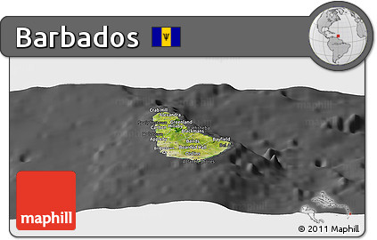 Satellite Panoramic Map of Barbados, darken, desaturated