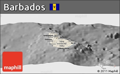 Shaded Relief Panoramic Map of Barbados, darken, desaturated