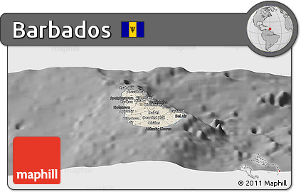 Shaded Relief Panoramic Map of Barbados, darken, desaturated