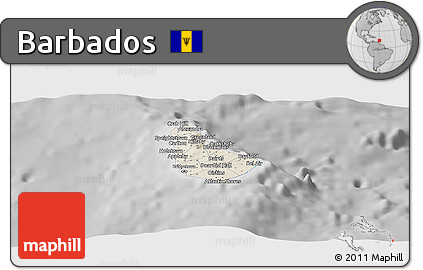 Shaded Relief Panoramic Map of Barbados, desaturated