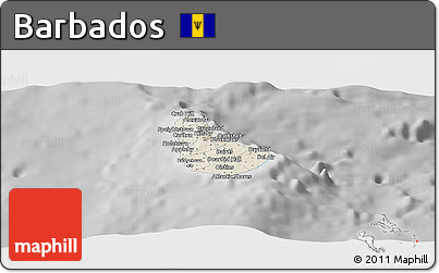 Shaded Relief Panoramic Map of Barbados, desaturated