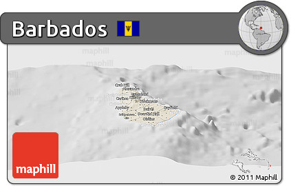 Shaded Relief Panoramic Map of Barbados, lighten, desaturated