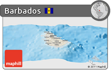 Shaded Relief Panoramic Map of Barbados, lighten, desaturated, land only