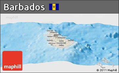 Shaded Relief Panoramic Map of Barbados, lighten, desaturated, land only