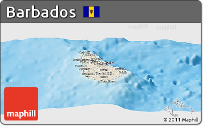 Shaded Relief Panoramic Map of Barbados, physical outside