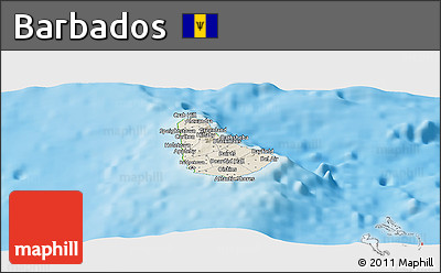 Shaded Relief Panoramic Map of Barbados, physical outside