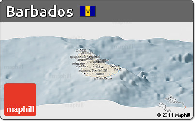 Shaded Relief Panoramic Map of Barbados, semi-desaturated