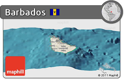 Shaded Relief Panoramic Map of Barbados, single color outside, satellite sea