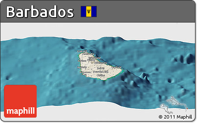 Shaded Relief Panoramic Map of Barbados, single color outside, satellite sea