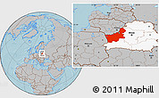 Gray Location Map of Hrodna, highlighted country, hill shading