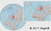 Gray Location Map of Belarus, within the entire continent, hill shading