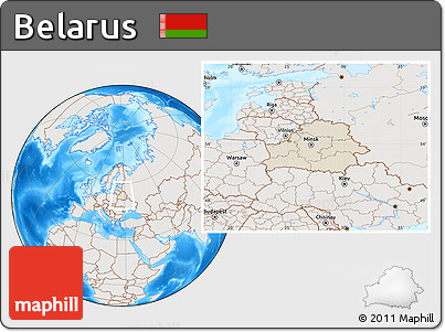 Shaded Relief Location Map of Belarus, lighten, semi-desaturated, land only
