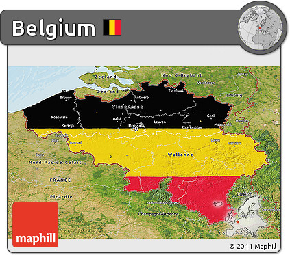 Flag 3D Map of Belgium, satellite outside, bathymetry sea, flag rotated