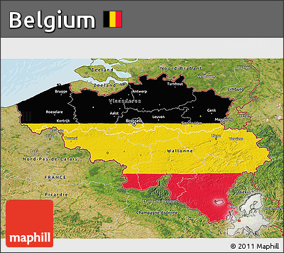 Flag 3D Map of Belgium, satellite outside, bathymetry sea, flag rotated